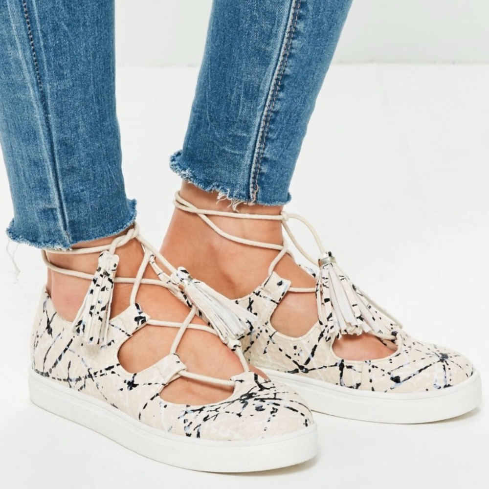 Beige Paint Splash Lace Up Sneakers